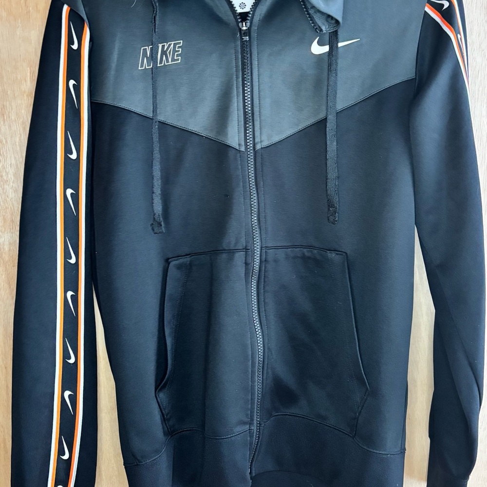 Nike Men's Black Zip-Up Hoodie with Orange Trim and Swoosh Tape